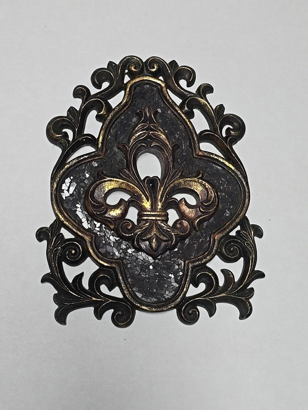 Fleur-de-lis, Home Décor Resin Wall Art 12x9 With Cracked Glass & Gold Accents
